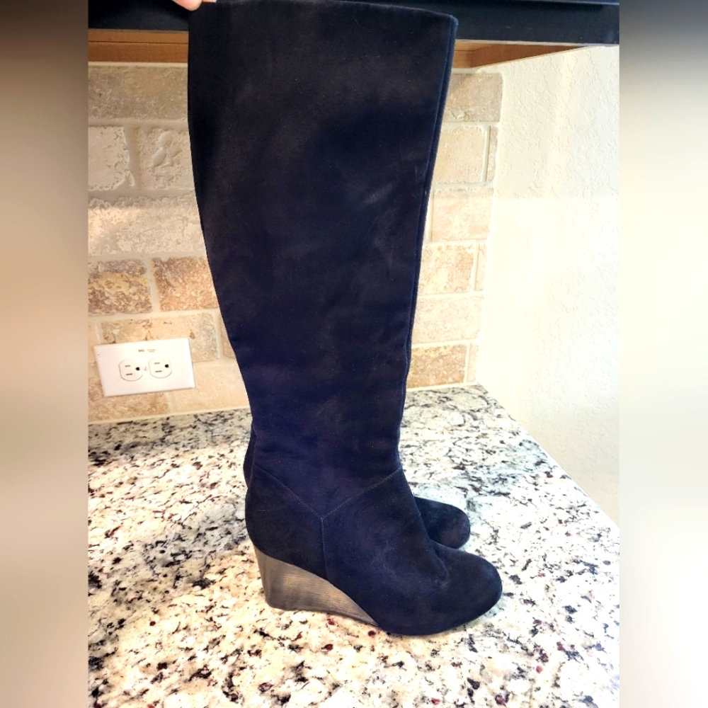 Cole Haan Air Black Suede Boots Black Knee High Block Heel Womens 7b